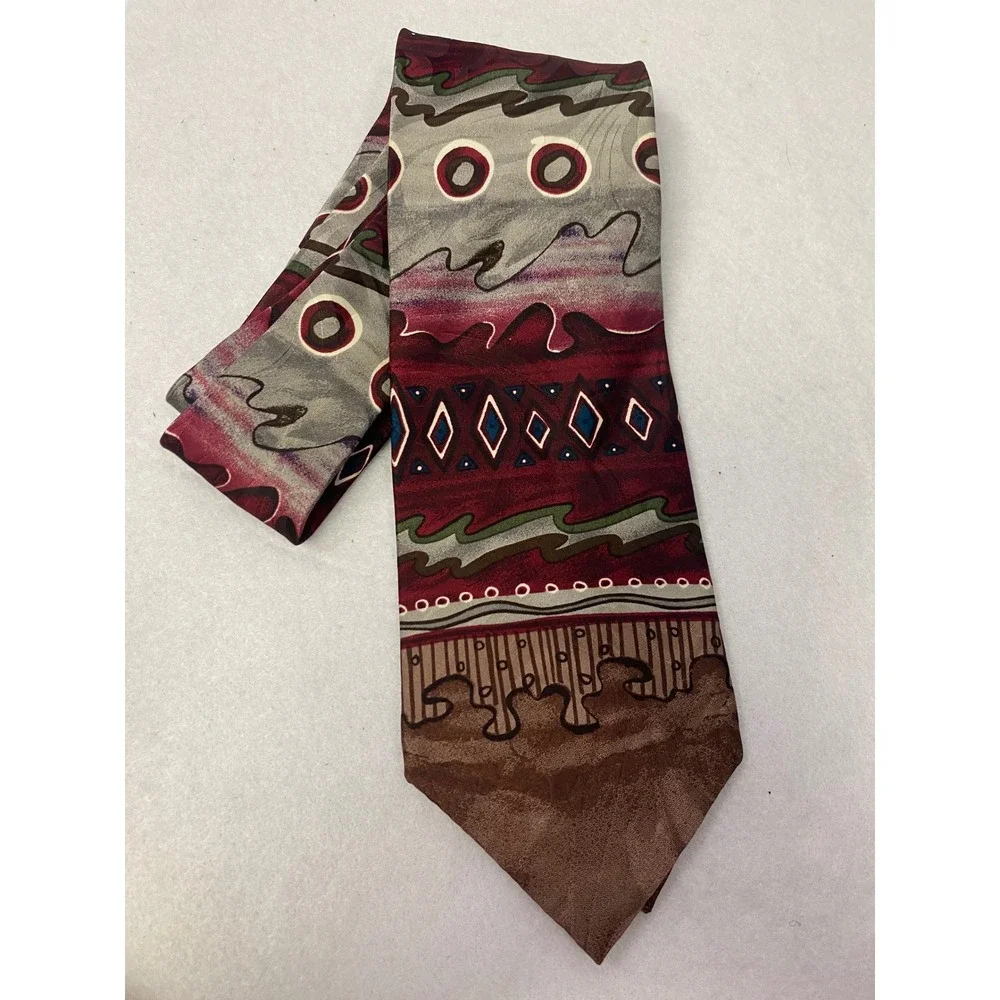Etienne Aigner Mens Silk Tie Abstract Geometric Pattern Burgundy Gray